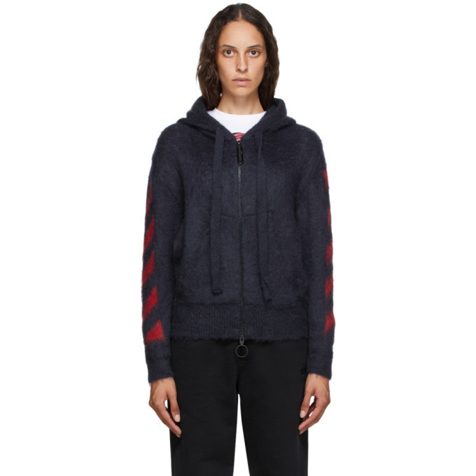 Photo: Off-White Navy Brushed Mohair Diag Zip-Up Hoodie
