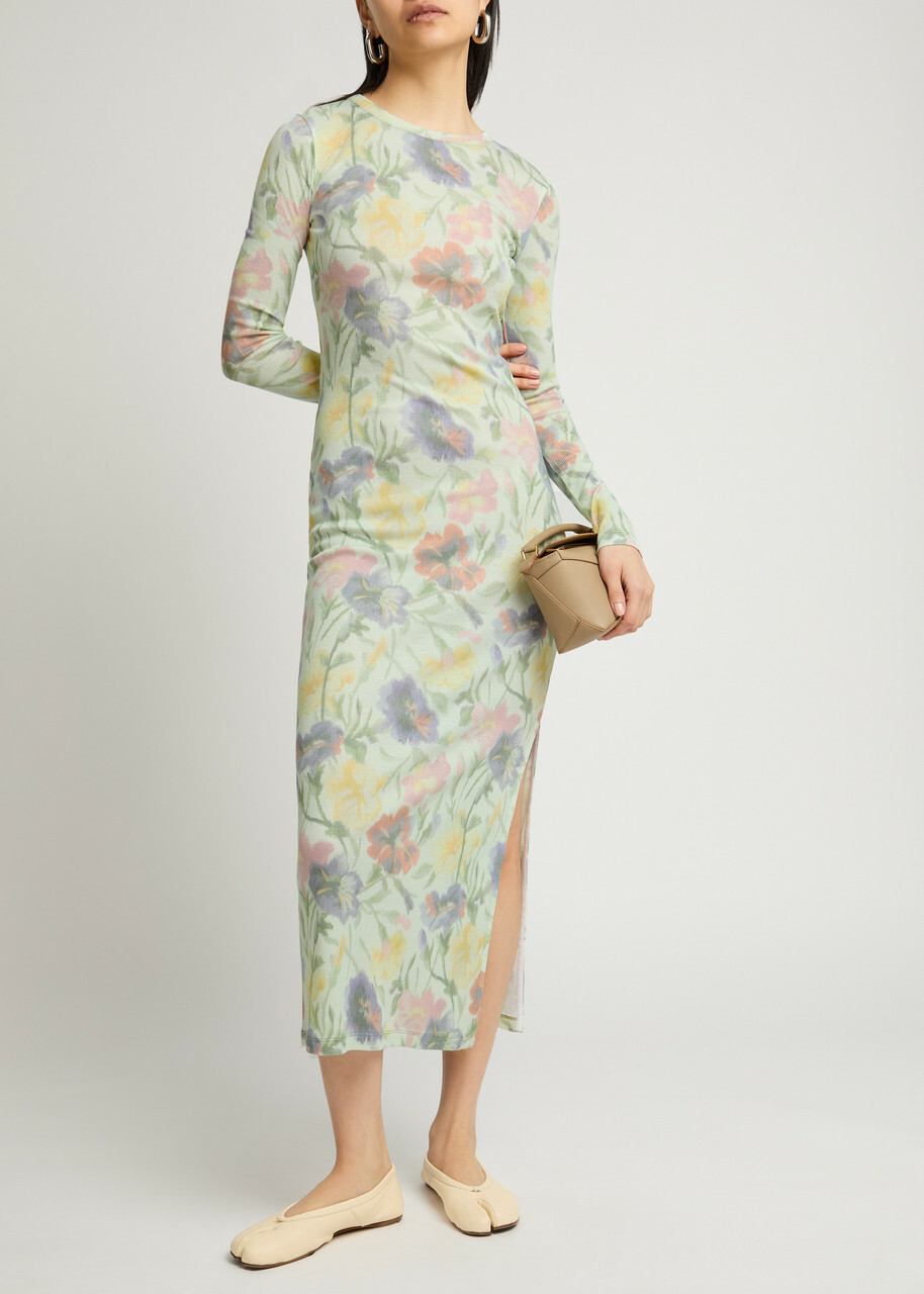 Loewe Ribbed Floral-print Silk-blend Midi Dress Multicoloured 1