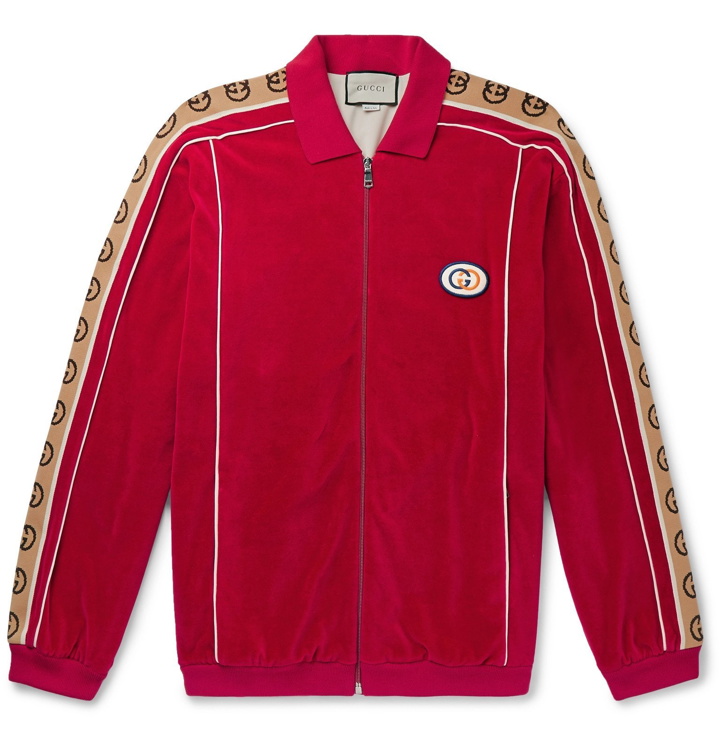 Photo: Gucci - Oversized Logo-Appliquéd Webbing-Trimmed Piped Velvet Track Jacket - Red
