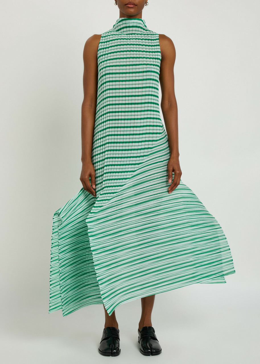 Issey Miyake Striped Pleated Woven Midi Dress Green