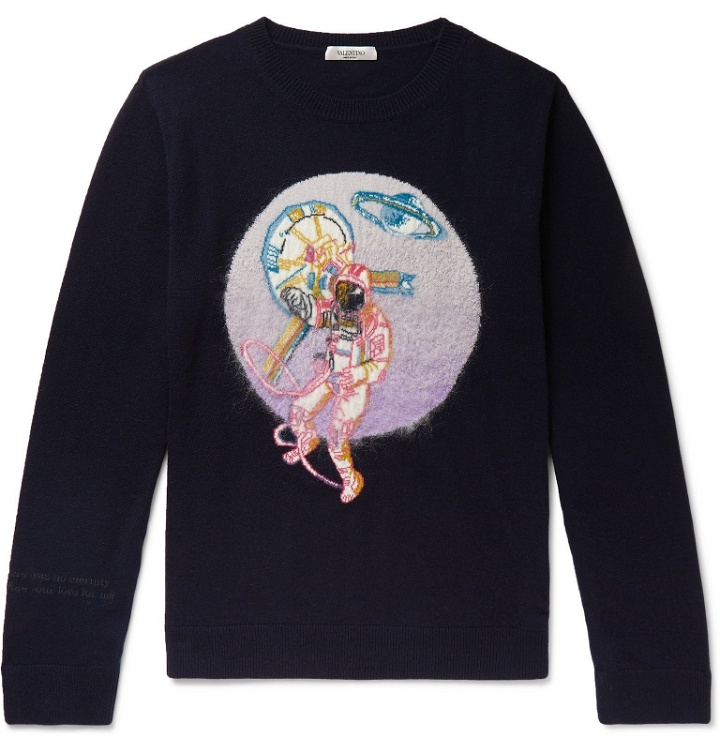 Photo: Valentino - Intarsia Virgin Wool and Cashmere-Blend Sweater - Blue