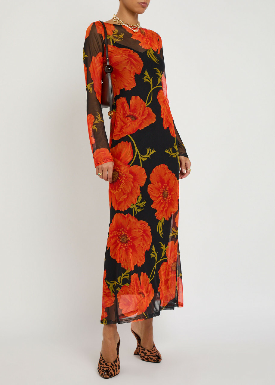 Never Fully Dressed Floral-print Mesh Midi Dress Black Red
