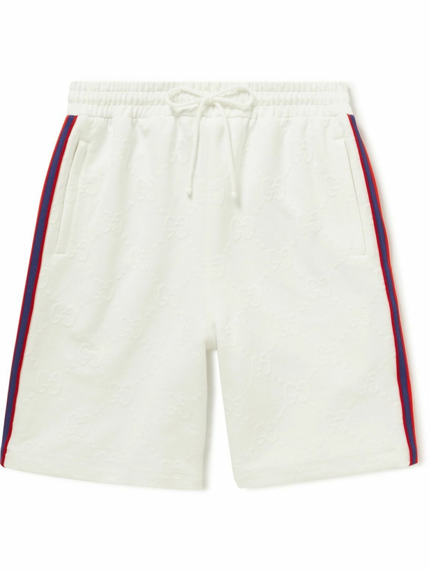 Photo: GUCCI - Straight-Leg Striped Logo-Jacquard Tech-Jersey Drawstring Shorts - White