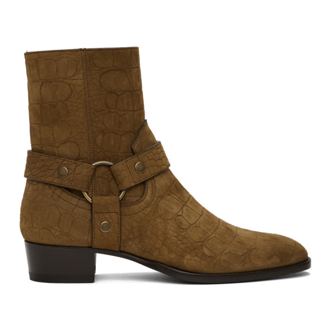 Photo: Saint Laurent Brown Croc Wyatt Harness Boots