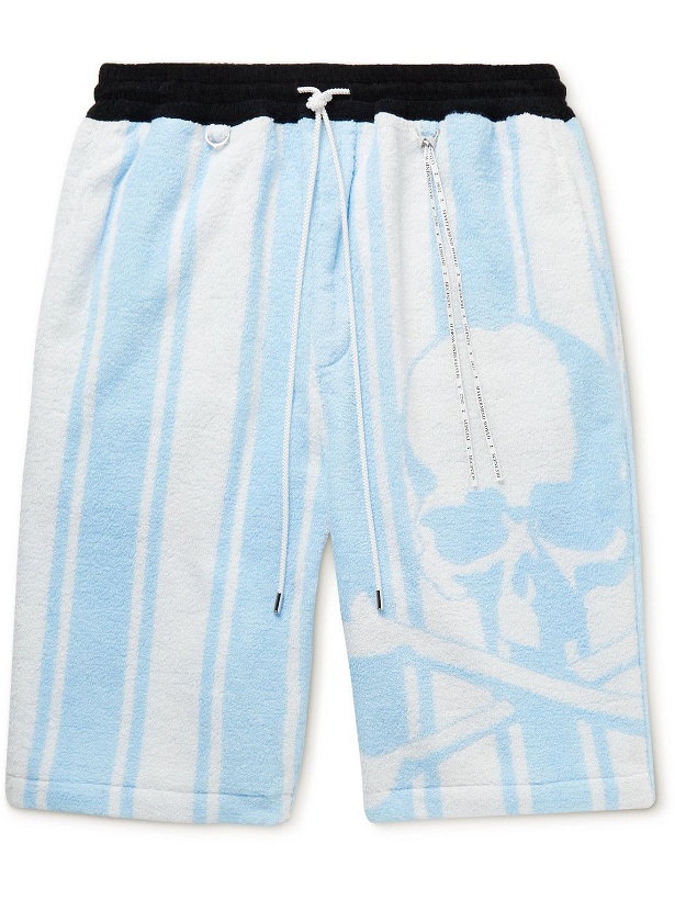 Photo: Mastermind World - Straight-Leg Logo-Print Striped Cotton-Terry Drawstring Shorts - Blue