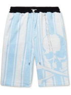 Mastermind World - Straight-Leg Logo-Print Striped Cotton-Terry Drawstring Shorts - Blue