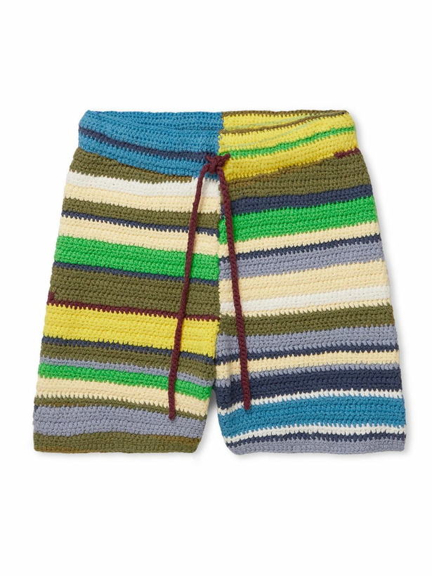 Photo: The Elder Statesman - Straight-Leg Striped Crocheted Organic Cotton Drawstring Shorts - Yellow