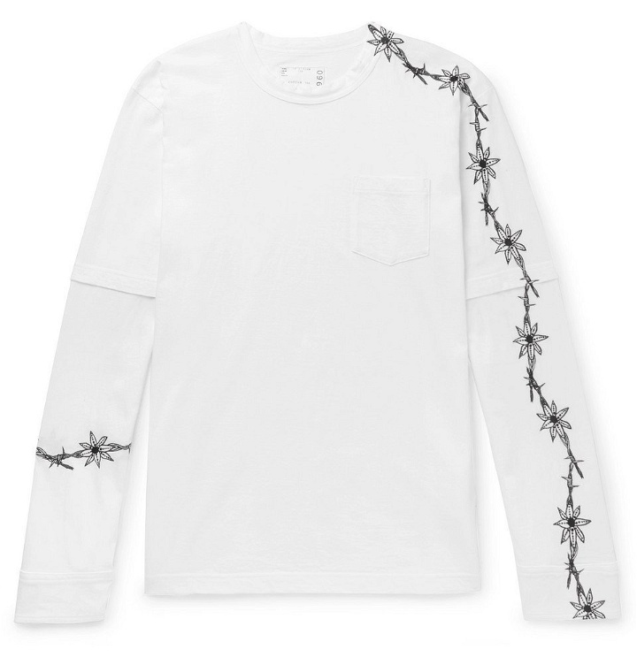 Photo: Sacai - Dr. Woo Embroidered Poplin-Panelled Cotton-Jersey T-Shirt - White