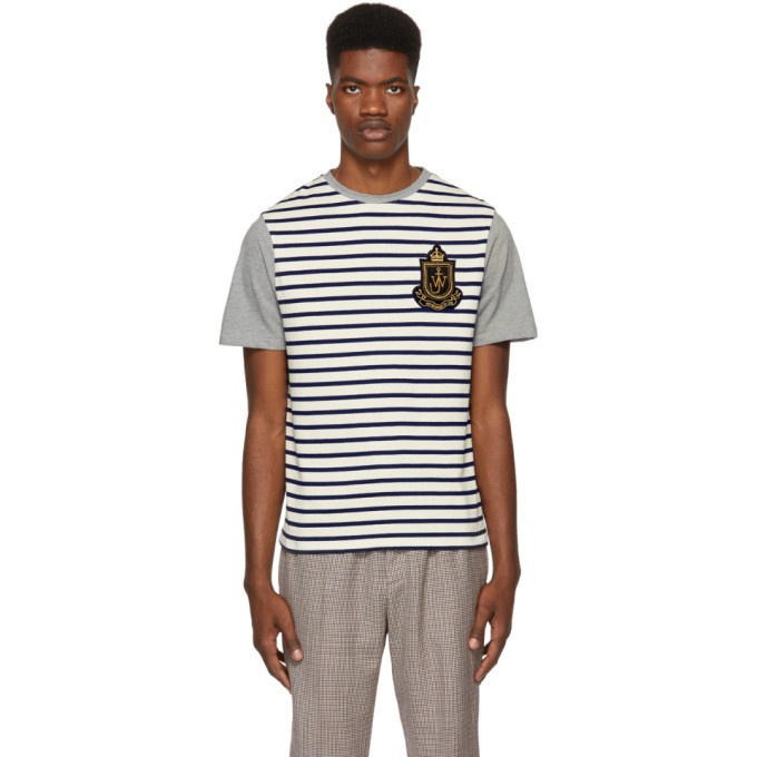 Photo: JW Anderson Navy and Off-White Panelled Breton Stripe T-Shirt