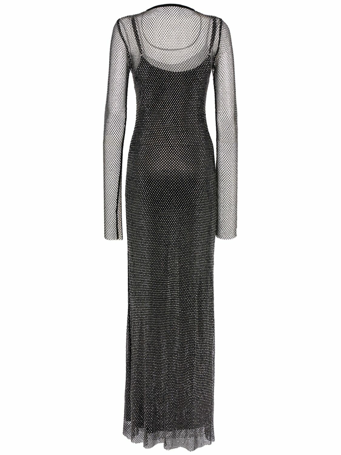 chinese dress ladies Crystal-embellished Mesh Maxi Dress with Voluminous Shoulders 34 (FR) / Black