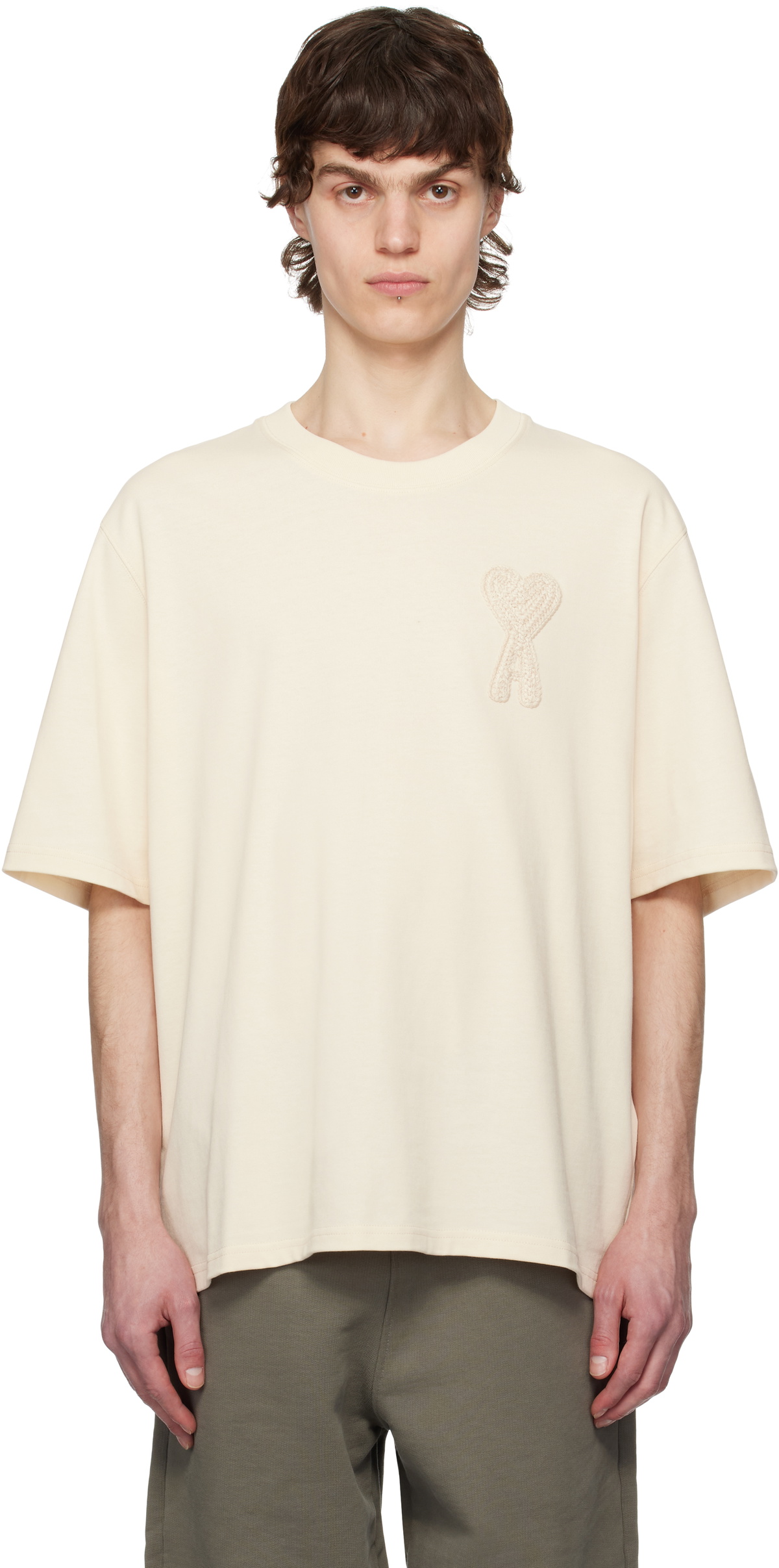 Beige Cotton Ami de Coeur Patch T-shirt by AMI Paris on Sale