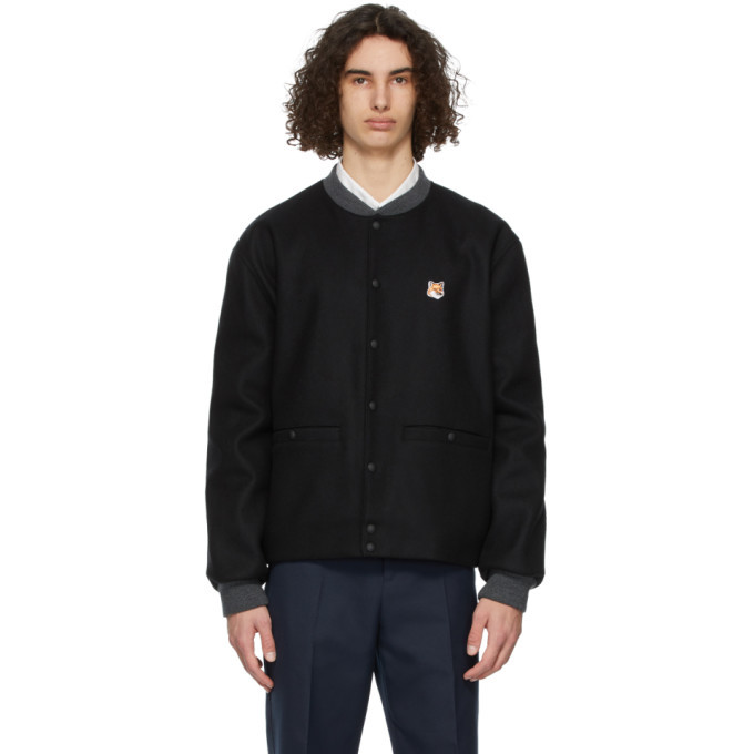 Maison Kitsune Black Fox Head Teddy Bomber Jacket Maison Kitsune