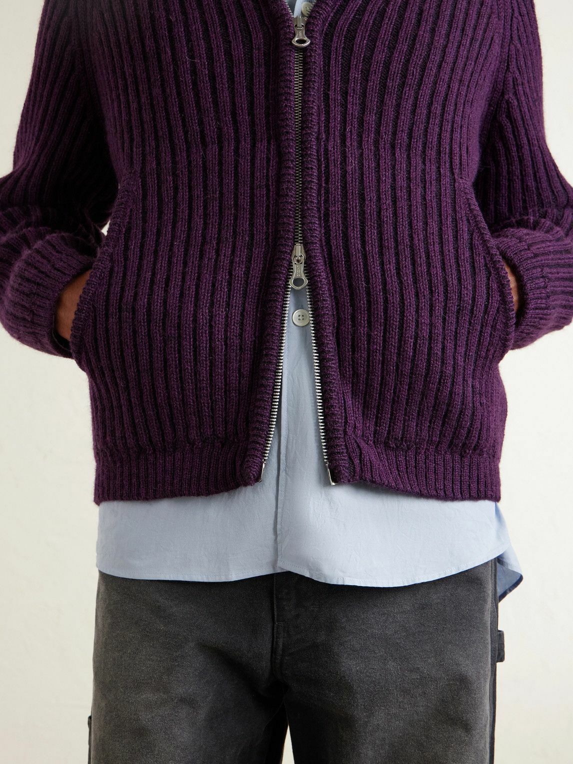 Our Legacy - Cropped Ribbed Wool Zip-Up Hoodie - Purple Our Legacy
