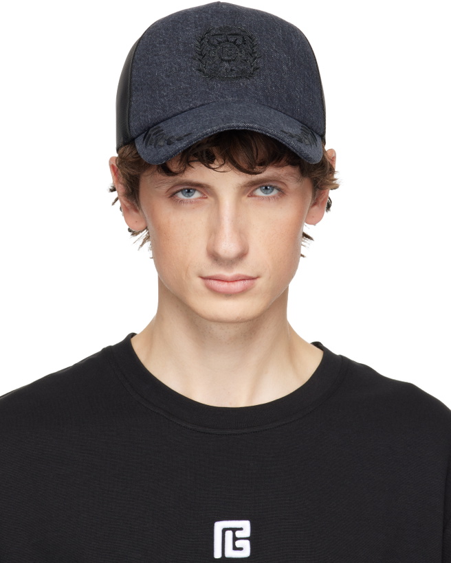 Photo: Balmain Gray Balmain Écusson Embroidered Denim Cap