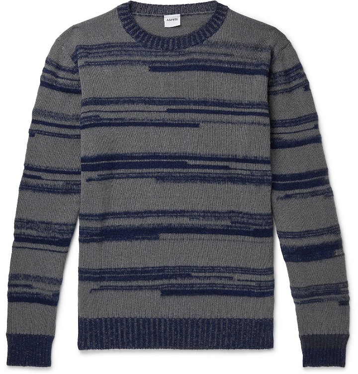 Photo: ASPESI - Striped Intarsia Cotton-Blend Sweater - Gray