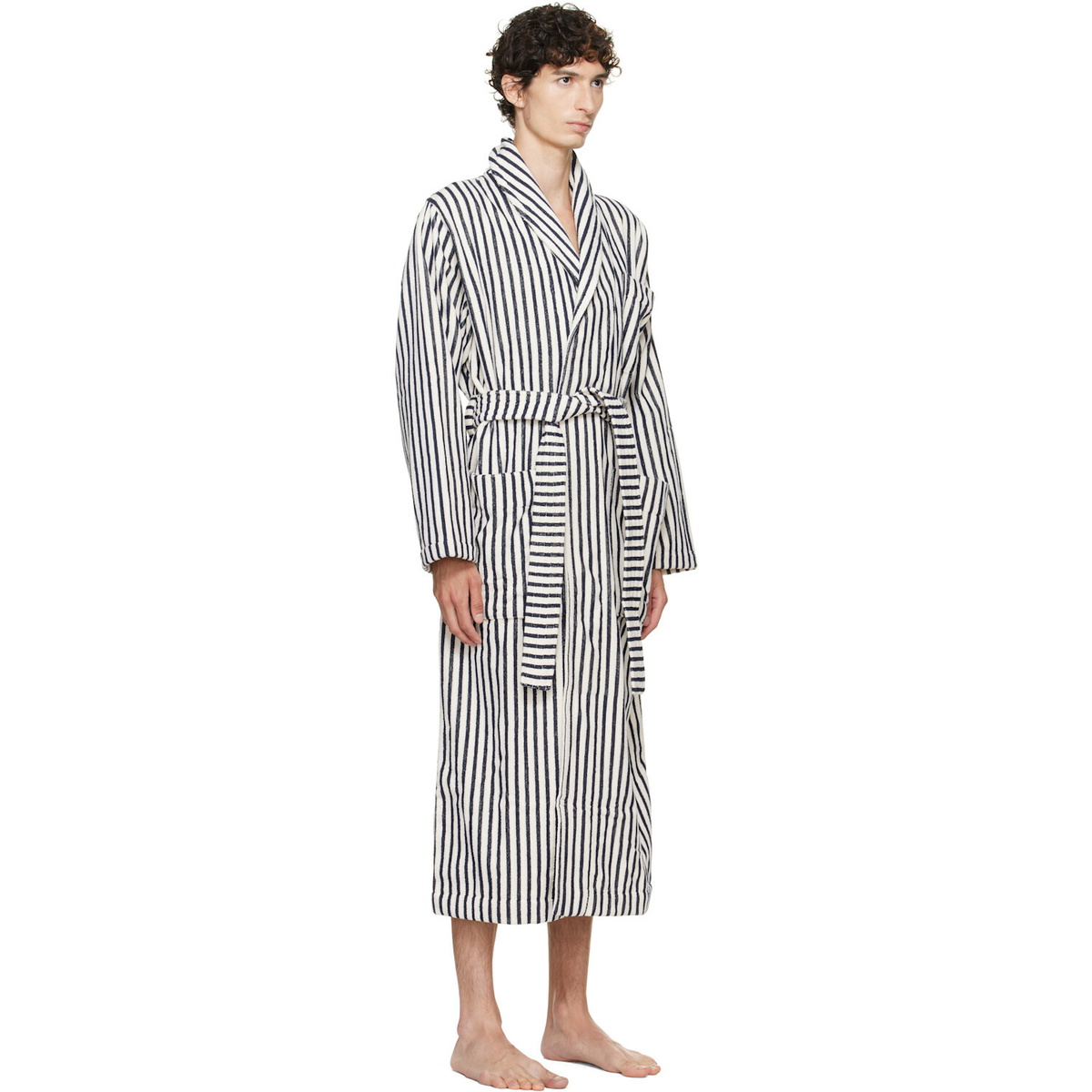 Tekla White & Navy Terry Classic Bathrobe