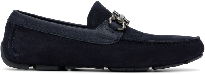 Photo: Ferragamo Navy Gancini Ornament Driver Loafers