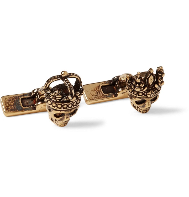 Photo: Alexander McQueen - King and Queen Skull Burnished Gold-Tone Cufflinks - Gold