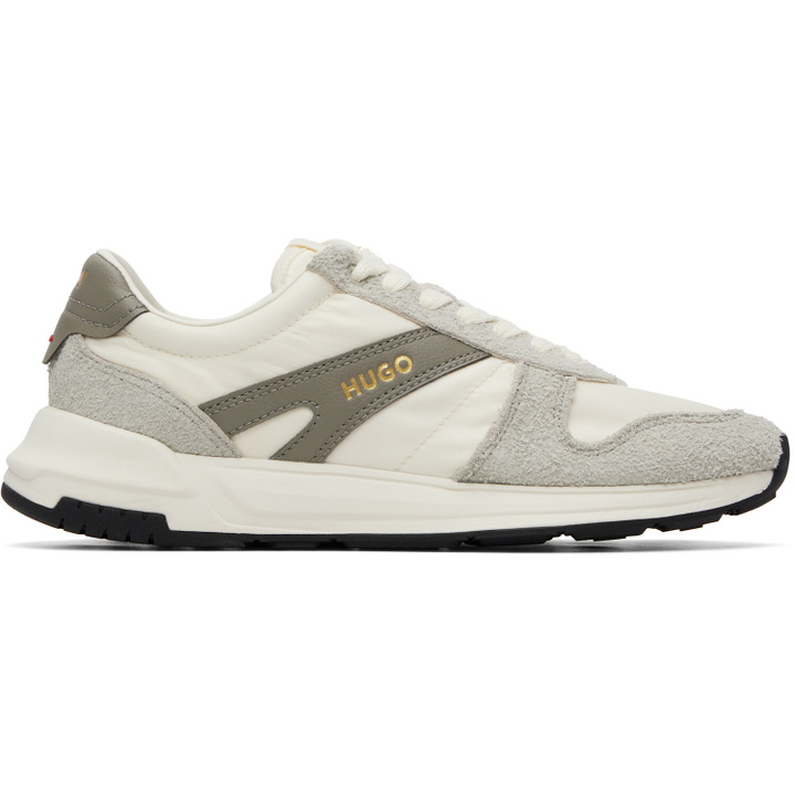 Photo: Hugo Off-White & Gray Logo Detail Suede-Trim Sneakers