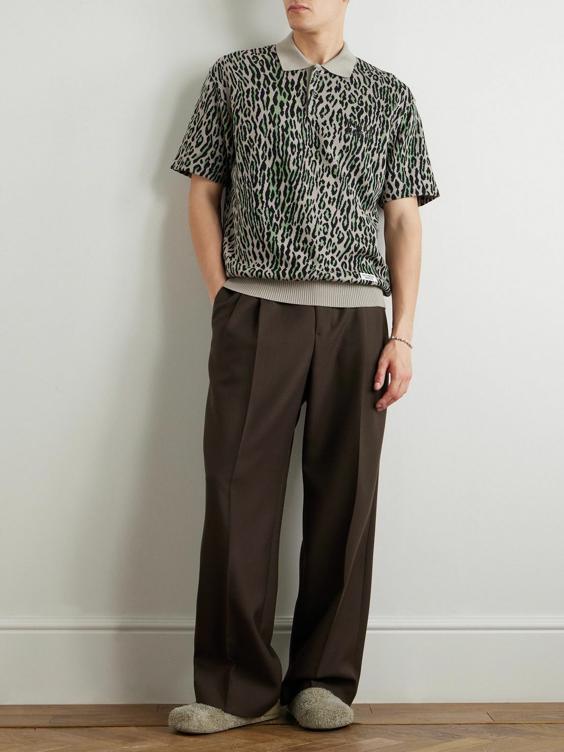 Wacko Maria - Logo-Embroidered Leopard Cotton-Jacquard Polo Shirt - Gray
