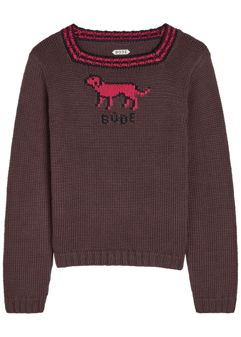 Bode Lapdog Intarsia Cotton and Wool-blend top Brown