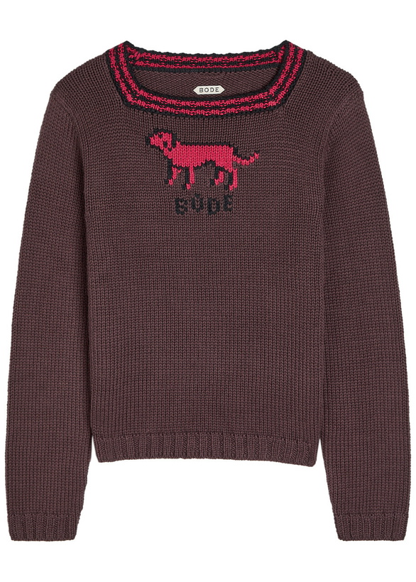 Photo: Bode Lapdog Intarsia Cotton and Wool-blend top Brown