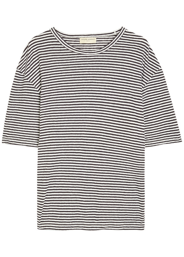 Photo: Officine Générale Elden Striped Cotton and Linen-blend T-shirt Navy