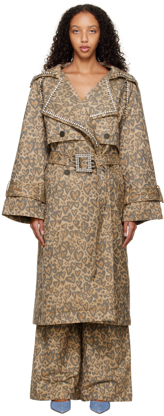 PU Leather Leopard Pattern Zipper Pocket Trench Coat main image 0