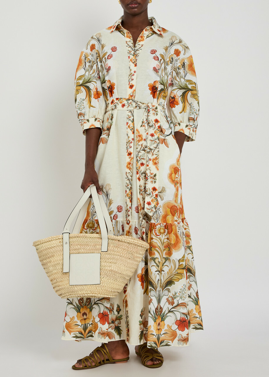 Borgo DE Nor Bianca Floral-print Belted Linen-blend Maxi Shirt Dress Cream