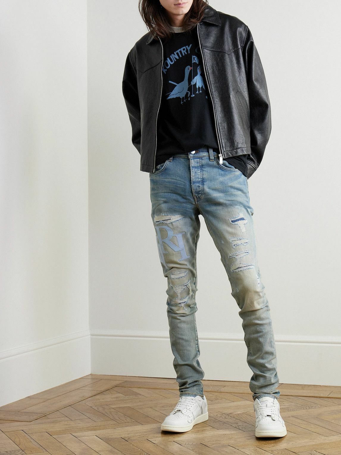 AMIRI - Slim-Fit Straight-Leg Logo-Appliquéd Panelled Distressed Jeans - Blue