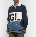 Greg Lauren - Panelled Distressed Cotton-Jersey and Denim Rugby Shirt - Blue