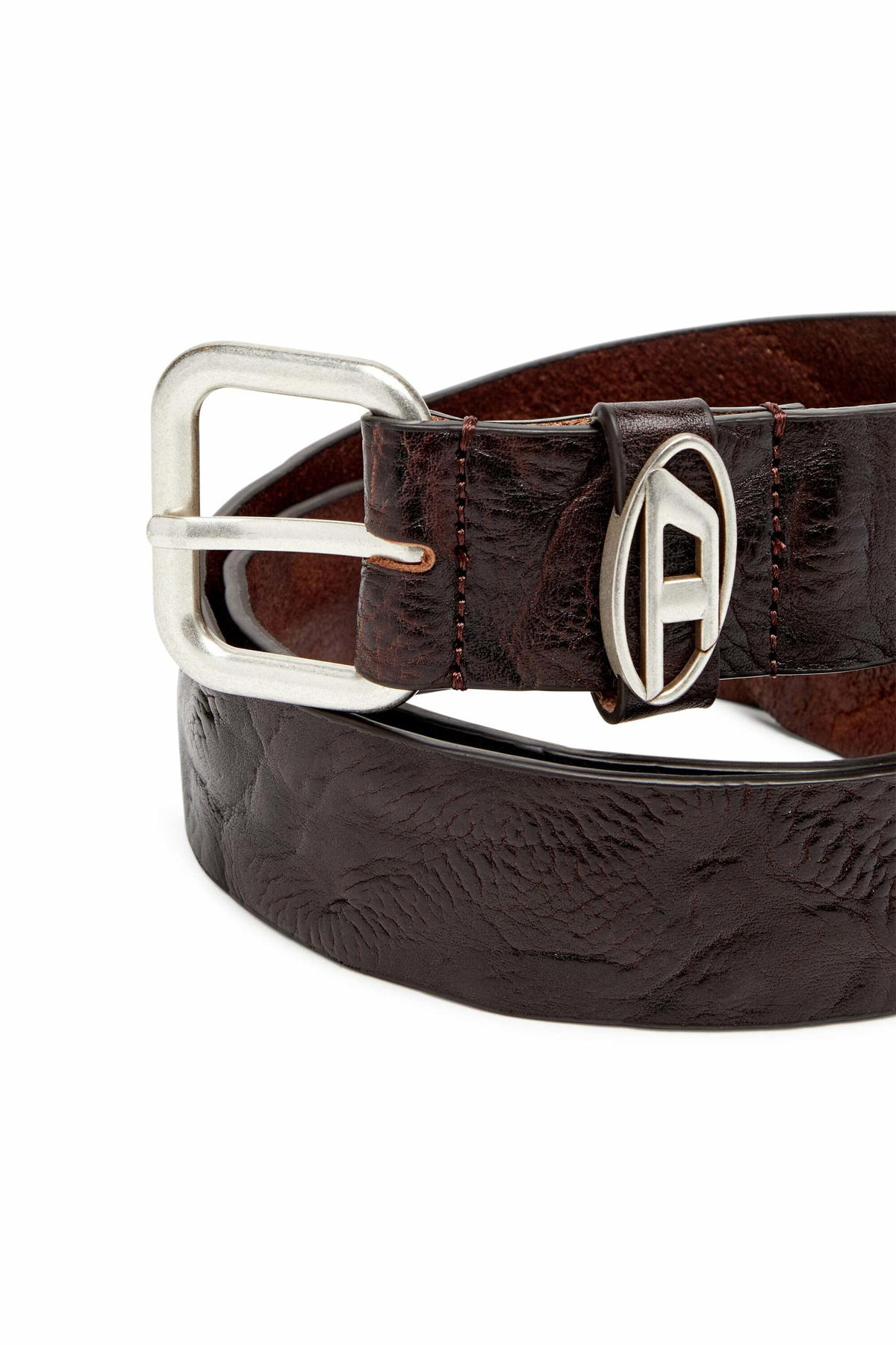 Diesel 3.9cm logo-plaque wrinkled leather belt - Belts - Unisex - Brown