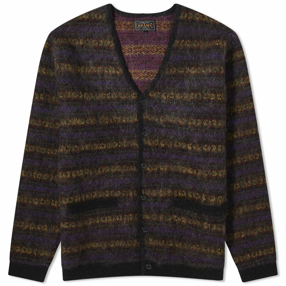 Beams Plus Men's Fairisle Jacquard Mohair Cardigan in Charcoal