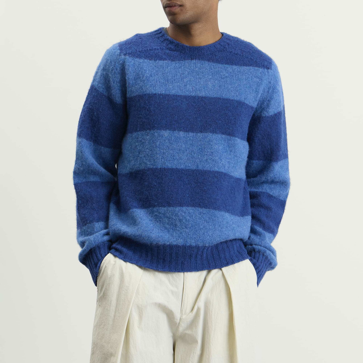 YMC Men's Suedehead Stripe Knit in Blue