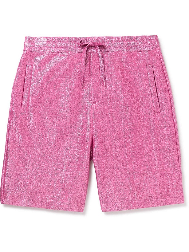 Photo: Valentino - Logo-Embossed Metallic Cotton-Blend Jersey Drawstring Bermuda Shorts - Pink
