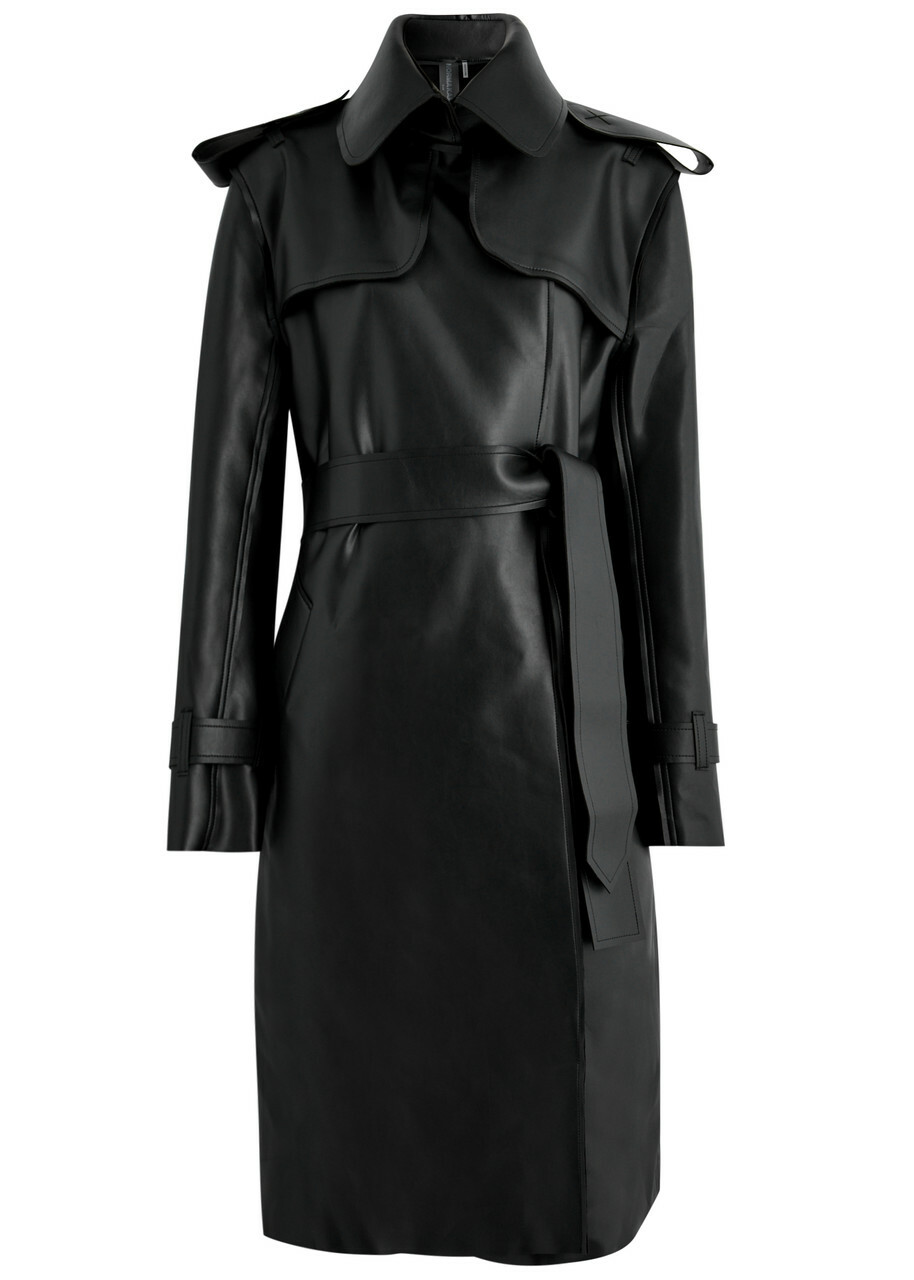Norma Kamali Belted Faux Leather Trench Coat Black