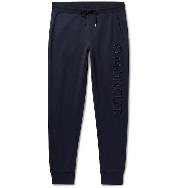 Photo: MONCLER - Slim-Fit Tapered Logo-Embroidered Loopback Cotton-Jersey Sweatpants - Blue