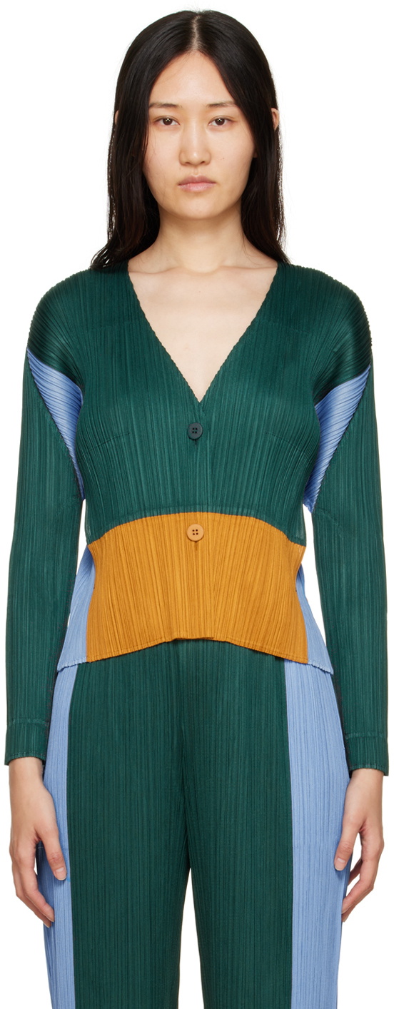 Pleats Please Issey Miyake Green Ensemble Cardigan Pleats Please