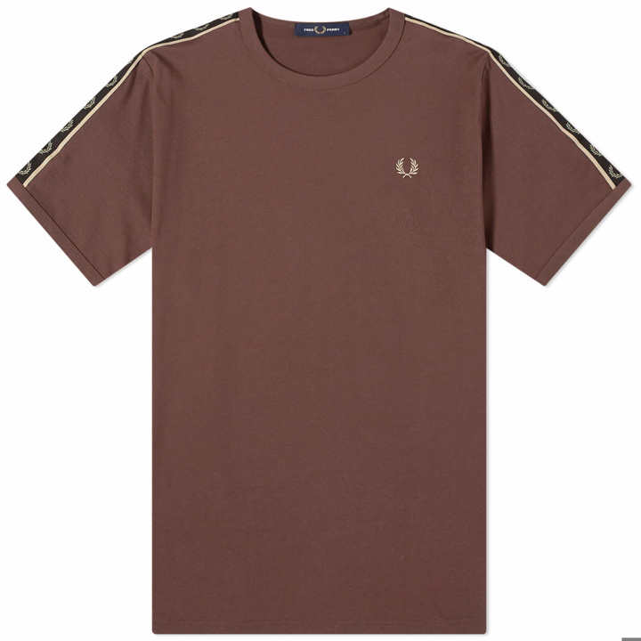 Photo: Fred Perry Men's Contrast Tape Ringer T-Shirt in Brick/Warm Grey