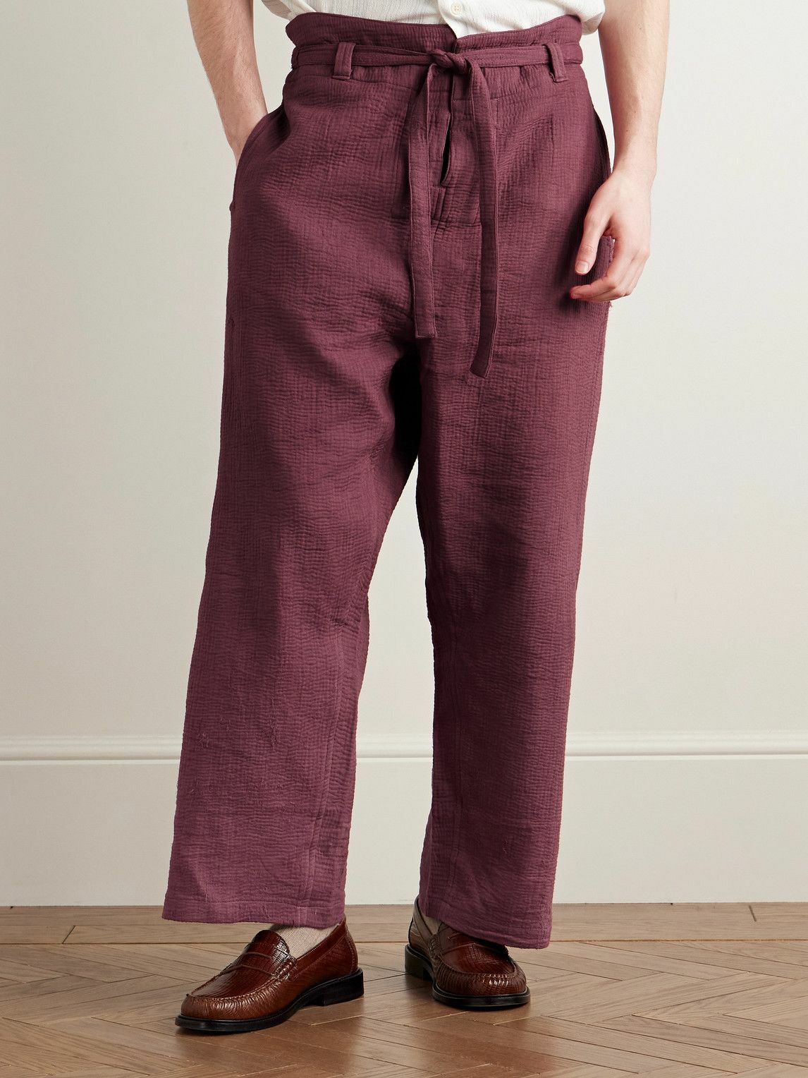 Kartik Research - Judo Belted Upcycled Textured-Cotton Trousers - Burgundy