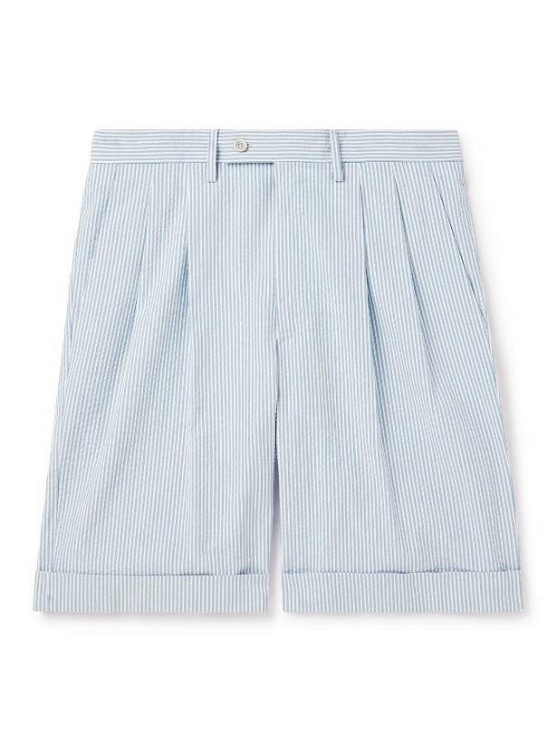 Photo: Caruso - Straight-Leg Pleated Striped Cotton Shorts - Blue