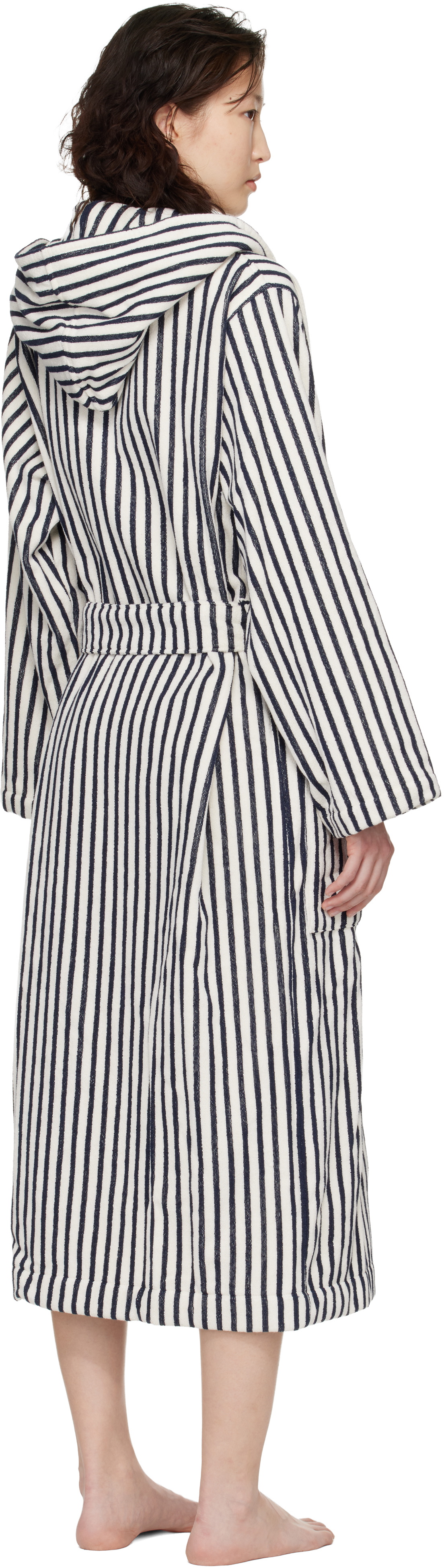 Tekla White & Navy Terry Hooded Bathrobe