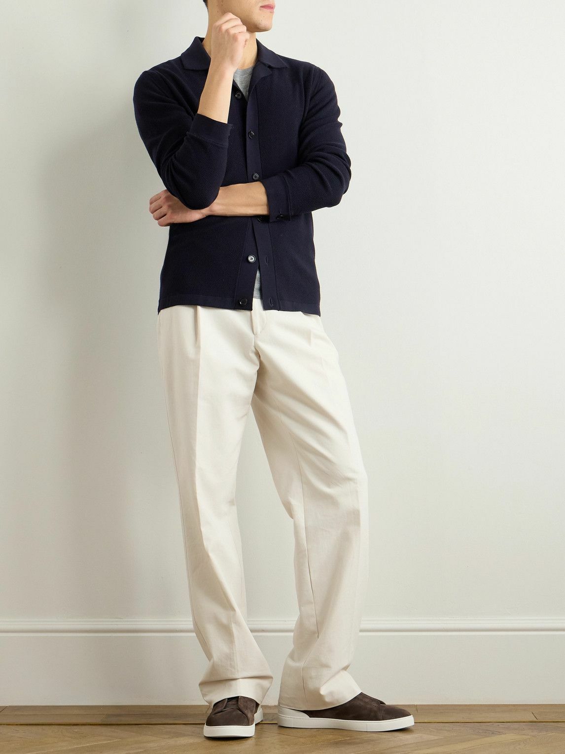 Zegna - Camp-Collar Wool-Piqué Cardigan - Blue