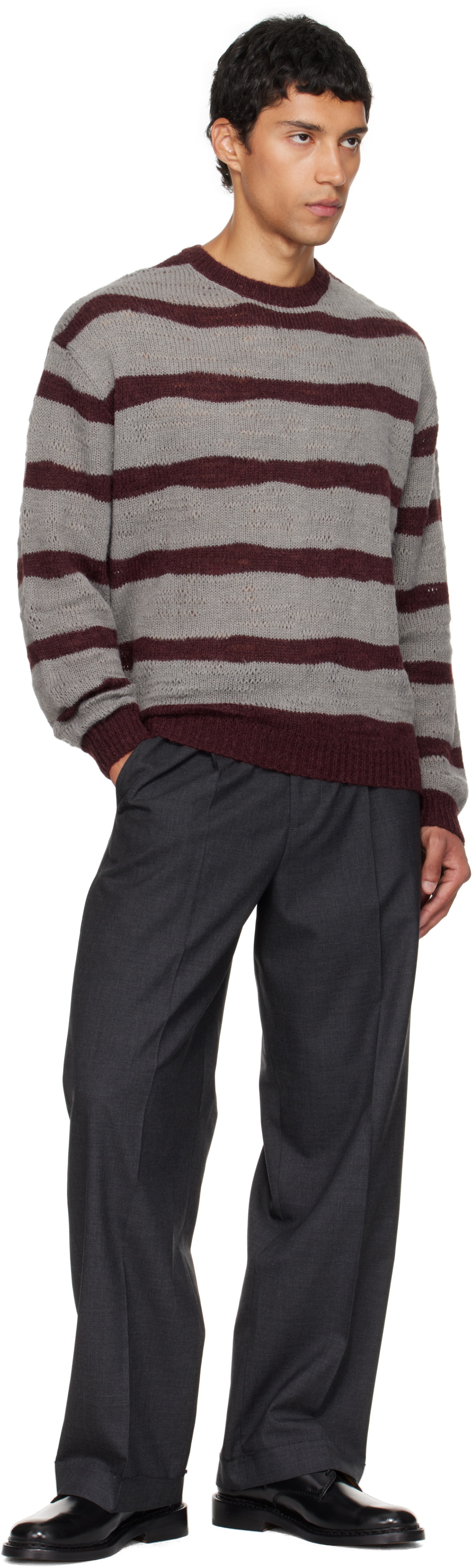 COOR Gray & Burgundy Hairy Stripe Knit Sweater