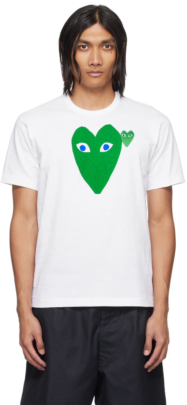 COMME des GARÇONS PLAY White & Green Large Double Heart T-Shirt Comme ...