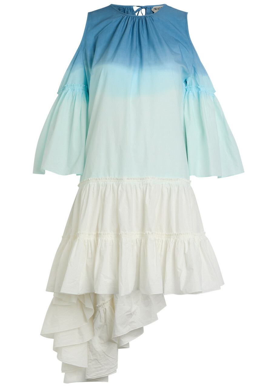 JW Anderson Dégradé Ruffled Cotton-poplin Mini Dress White And Blue