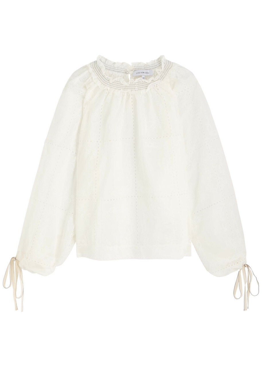 Lug Von Siga Mini Embroidered Semi-sheer Satin Blouse Off White