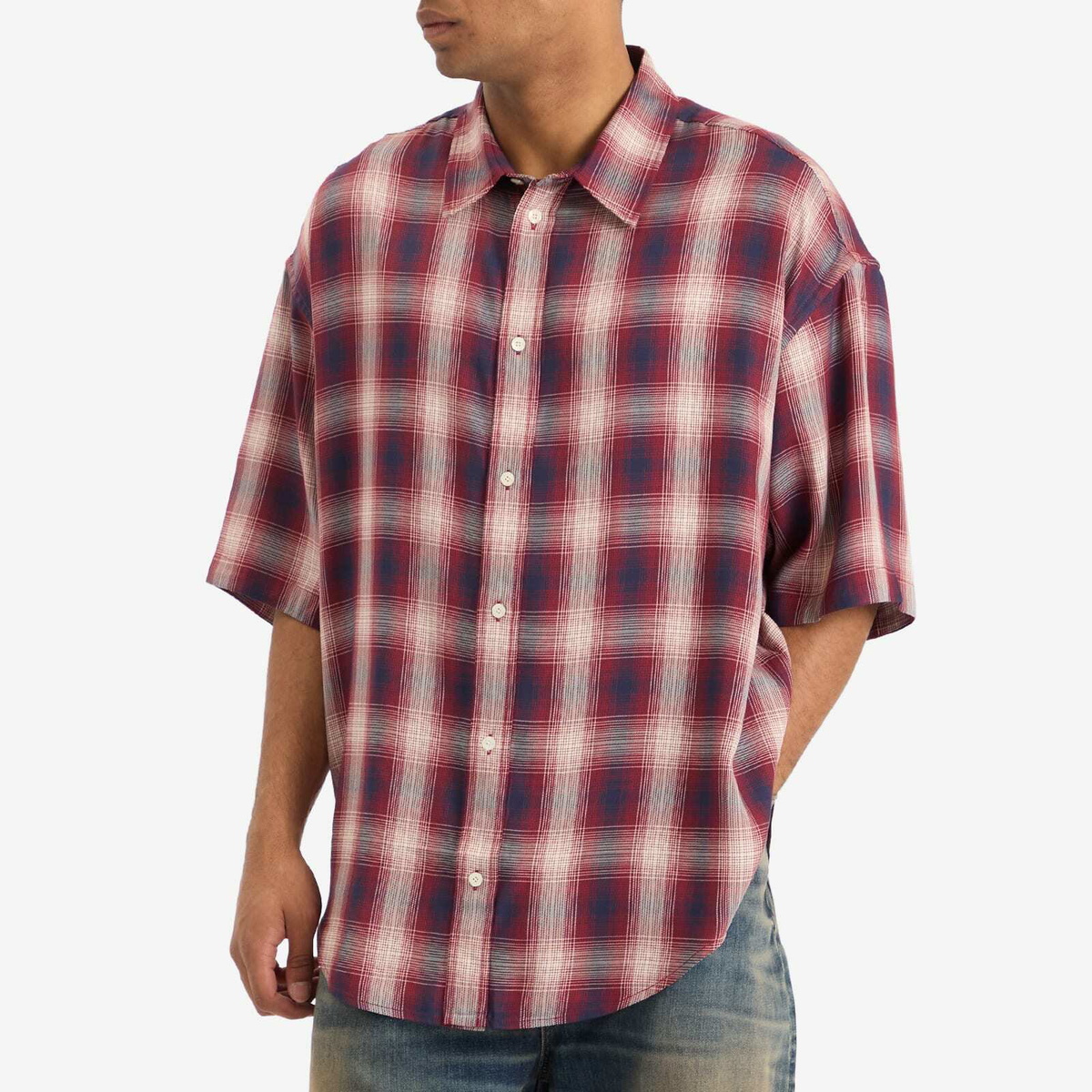 Acne Studios Men's Short Sleeve Plaid Check Shirt in Red/Blue Acne