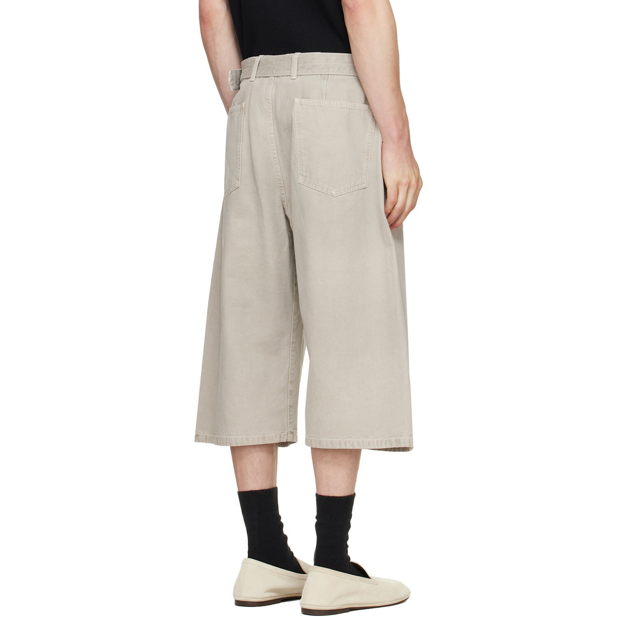 LEMAIRE Taupe Wide-Leg Belted Denim Shorts