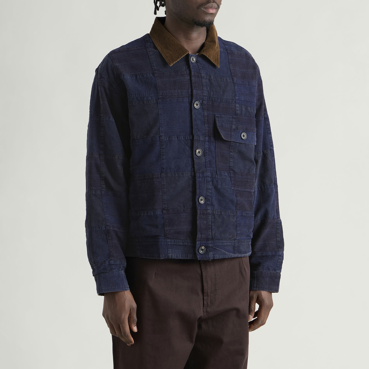 Café Mountain Men's Patchwork Workers Jacket in Blue And Bark Patchwork